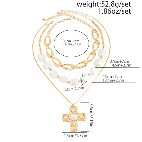 Chunky Gold Necklace for Women, Layered Cross Pendant Pearl Necklace, Stacked Thick Gold Jewelry, Geometric Square Oval Chain, Big Gold Pendant Fashion Accessories - style: Style B