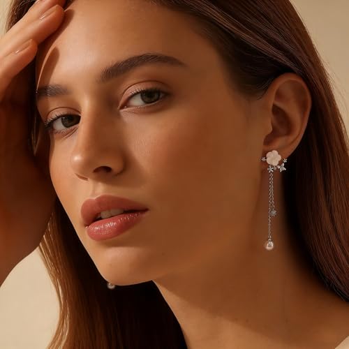 Pearl Earrings for Women Dainty Diamond Pearl Drop Earrings 14k Gold Plated Dangle Earrings for Women Weddings Gifts Bridesmaid Gifts - color: E-silver pearl earrings