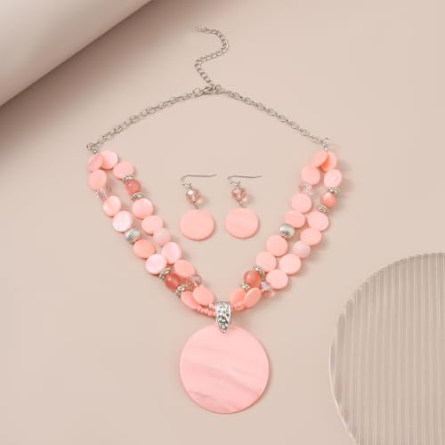 Layered Beads Statement Fashion Necklace Chunky Jewelry Set Big Colorful Glass Stone Circle Shell Pendant Choker Necklace and Earring Set for Women - color: peach