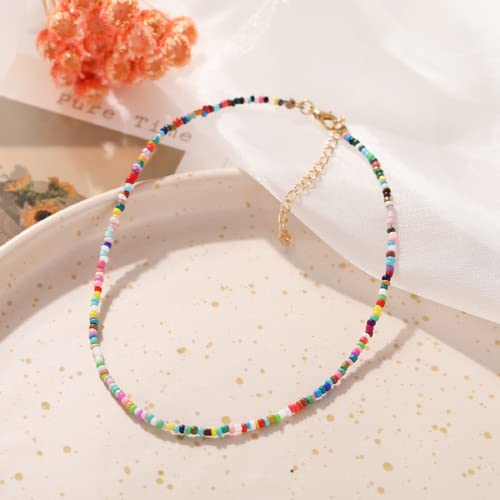 Roe Dolph Colorful Beaded Necklaces for Women Boho Beaded Necklace Beach Surfer Jewelry Handmade White Pink Blue Beads Summer Outfits Accessories - color: B4-Color Beaded Necklace