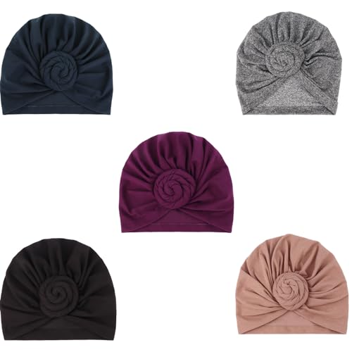 DRESHOW 5 Pack Knotted Headwraps for Women African Turban Pre-Knotted Beanie Headwraps Hair Covers - color: 5 Pack Donuts: Purple/Tan/Navy/Hemp Grey/Black