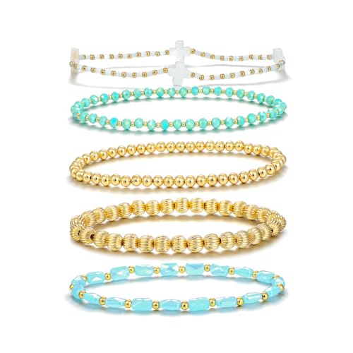 Dainty Gold Plated Pearl Crystal Beaded Bracelets Set for Women 14K Gold Plated Bead Pearl Beads Bracelet Stackable Paperclip Link Chain Bracelets Gold Plated Bracelets for Women Trendy Jewelry - color: Style4-gold bracelets set5
