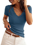 ZESICA Womens Summer 2026 Short Sleeve Trendy Lace V Neck Tops Fitted Cute Shirts Dressy Casual Blouses Y2k Going Out Outfits - color: Dusty Blue, size: Small