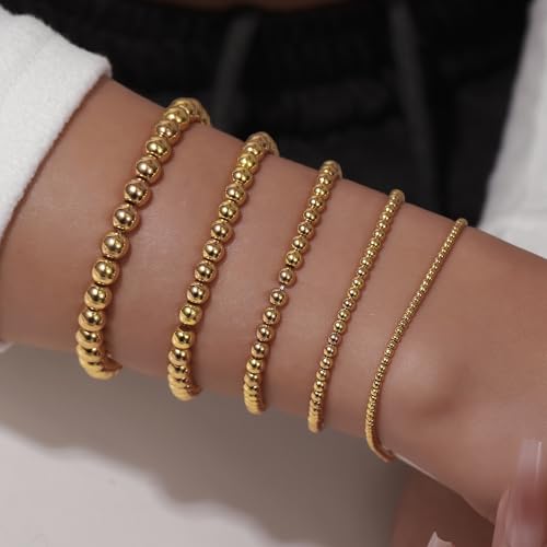 Gold Bracelets for Women 14K Gold Plated Beaded Non Tarnish Bracelets Stretch Bead Ball Bracelet Stack Set Jewelry for Gifts - color: A SET 5PC