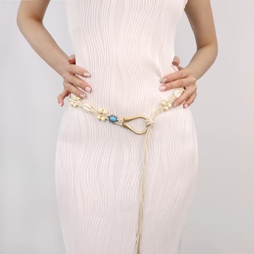 Women Braided Waist Belt Boho Woven Belt with Wooden Beads and Ring Clasp Vintage Long Tassel Rope Tie Belt for Dress - color: Beige 3