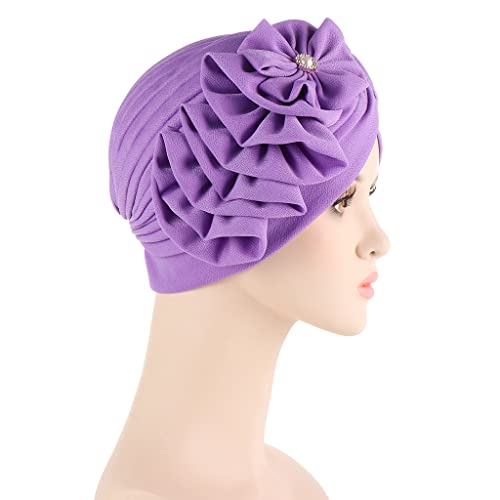 Flower Turban Hats for Women - Ruffle Bead Stretch Solid Caps Chemo Cancer Pre Tied Headscarf Headwear - color: Light Purple