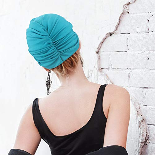 DRESHOW 5 Pack Knotted Headwraps for Women African Turban Pre-Knotted Beanie Headwraps Hair Covers - color: 5 Pack Knotted: Black, Russet, Mustarl, Teal, White