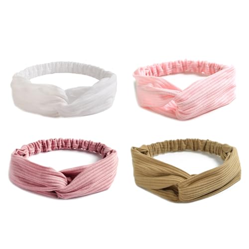 AQOKKA Elastic Knotted Headbands for Women Cloth Head Hair Bands for Women's Hair Non Slip Boho Wrap Twisted Hair Accessories - color: 4 Pack Cross Ribbing : Pink, Coffee, Light Pink, White