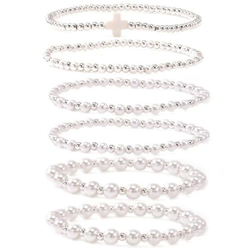 Silver Gold Beaded Bracelets for Women Stackable 14K Gold Plated Beads Ball Cross Bracelet Stack Non Tarnish Elastic Stretch Trendy Jewelry Christian Friendship Christmas Gifts for Women - color: 6pcs-Silver