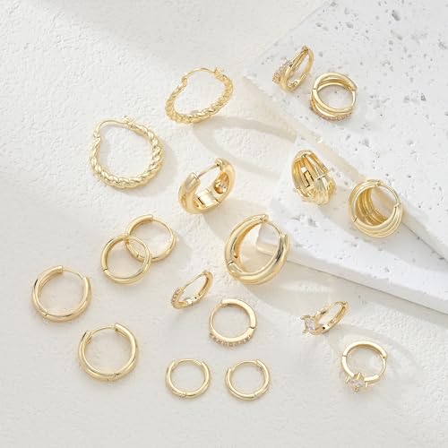 9 Pairs Small Gold/Silver Hoop Huggie Earrings Set for Women, 14K Gold Plated Chunky Hoop Small Earring Hypoallergenic Thick Open Lightweight Chunky Hoop Earrings Jewelry for Gifts - color: gold-1