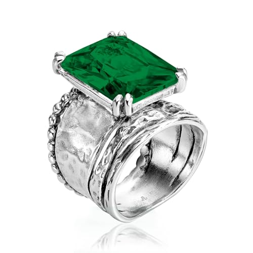 JEAN RACHEL JEWELRY 925 Sterling Silver Ring - Hammered Vintage Design with Octagon Shaped Cubic Zirconia - Hypoallergenic, Lead & Nickel Free - Artisan Handcrafted Statement Rings for Women - color: Emerald CZ