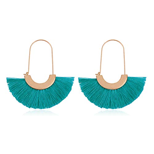Bohemian Silky Thread Tassel Strand Fringe Statement Hoop Earrings - Lightweight Semi Circle Fan Threader, Mermaid Hoops - color: Fan Tassel Threader - Turquoise