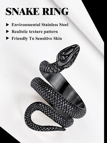 Stainless Steel/18K Gold Plated/Black Snake Ring for Men Women Size 7-12 Serpent Reptile Rings Punk Gothic Jewelry(with Gift Box) - color: 03-Black Plated