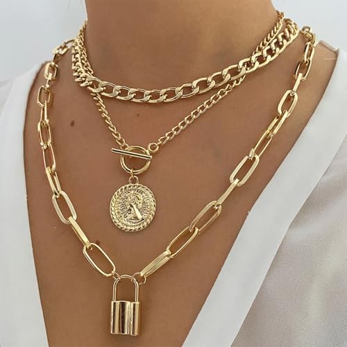 Gold Stack Necklace Chunky Necklaces for Women Trendy Coin Pendant Long Necklaces Western Jewelry for Women Cowgirl Cowboy Chic Country Outfit Boho Accessories Birthday Jewelry Gifts - color: B1: Gold Lock Necklace Stack
