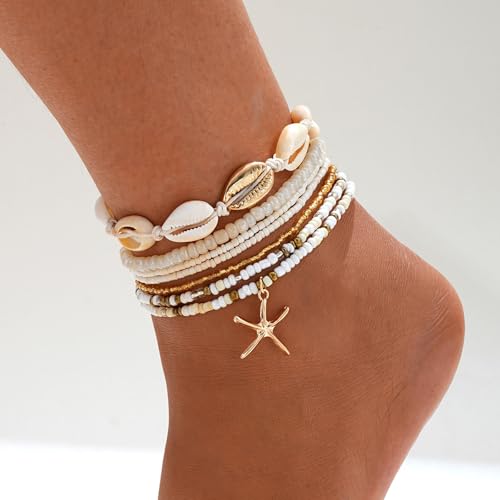 Qceasiy Shell Ankle Bracelet Set for Women, Gold Plated Boho Bead Adjustable Anklet, Hawaiian Beach Seashell Pearl Heart Starfish Conch Foot Jewelry Gifts - color: Starfish Shell 7Pcs