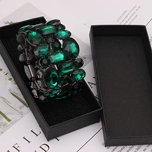 Women’s Wedding Bridal Crystal Leaf Flower Stretch Bangle Elastic Wide Bracelet Jewelry for Brides Bridesmaid - color: Emerald-Jet Plated