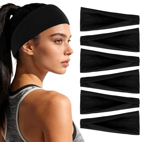 YARIEW 6Pcs Headbands Paisley Bandanas Head Bands Sweat Band Hair Wrap Headwrap Fashion Boho Wide Thick Workout Yoga Elastic Headbands Mens Cooling Running Sports Headband Sweatbands for Women and Men - color: Black