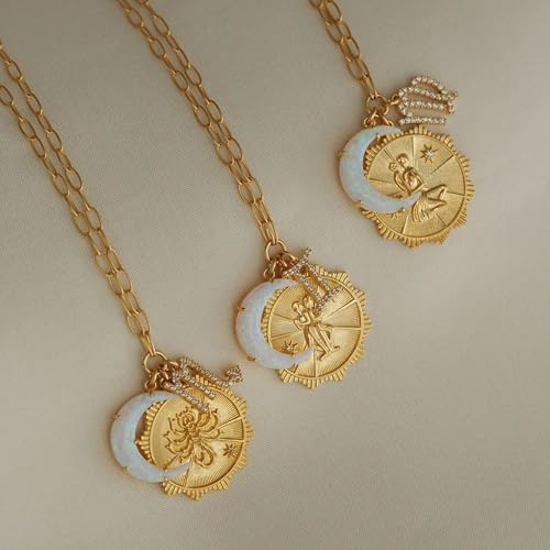 Dainty Gold Zodiac Embossed Coin Opal Crescent Moon Charm Necklace for Women Trendy 18K Gold Plated Retro Paperclip Chain 12 Constellation Horoscope Necklaces Astrology Jewelry Gifts - style: 10.CAPRICORN (DEC 22-JAN 19)