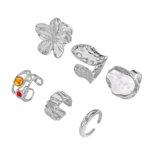 Chunky Gold Rings for Women Non Tarnish Statement Flower Ring Baroque Pearl Stackable Rings Set 6Pcs Chunky Jewelry - color: Silver