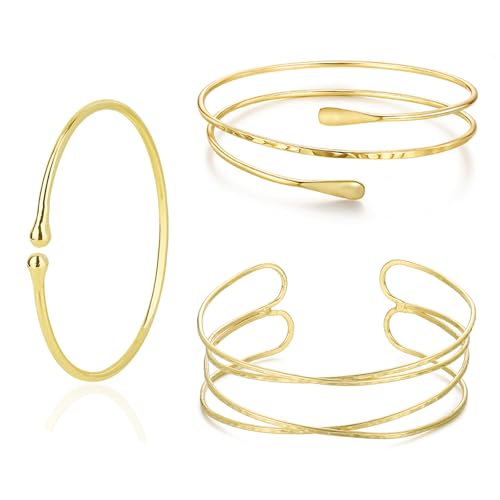 YVVLEE 3Pcs Arm Cuff for Women Open Upper Coil Bangle Bracelets Armlet Gold Silver Adjustable Armband Arm Bracelet Set - color: A