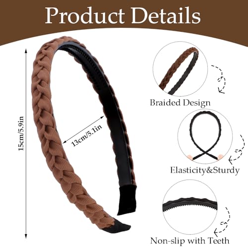 Aprince Braided Headbands for Women&Girls 5Pcs, Thin Headbands Non-slip, Braid Headband with Teeth, Comfortable Brown Hairband, Flexible Hairbands with Fabric, Skinny Boho Head Band, Neutral Color Set