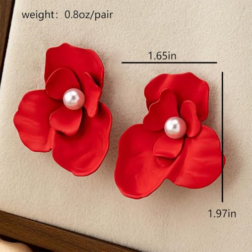 Chunky Large Gold Flower Stud Earring for Women Statement, Boho Big Red Irregular Floral Pearl Earrings Trendy Y2K Prom Party Jewelry Accessories Gift - color: Red