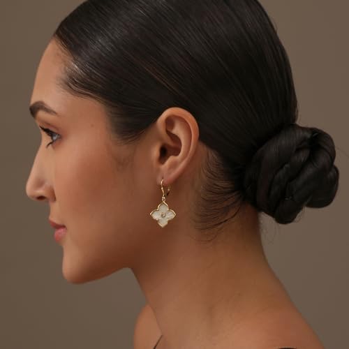 LeCalla 925 Sterling Silver Leverback Drop Earrings | Lightweight Celtic-Knot Filigree Heart Teardrop Dangle Earring for Women's Gift for Her - color: Yellow MOP Clover CZ
