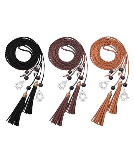 TeeYee Waist Belt Woven Knitted Rope/Chain PU leather 3 Pieces Tassel Rope Skinny Belt - color: 018blacktancoffee