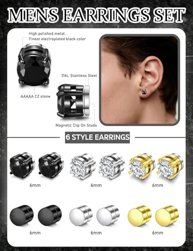 SIISPRI Magnetic Stud Earrings for Women Men Clip on Stud Earring Hypoallergenic Fake Earring Unisex Non Piercing CZ Halo Studs Diamond Earrings,Men's Aretes de lman - color: Black Gold Silver