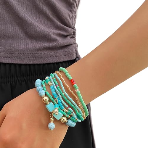 IFKM 8PCS Beaded Bracelets for Women, Multilayered Stackable Strand Stretch Bead Bracelet Pack Handmade Trendy Bohemian Charm Jewelry - color: Blue