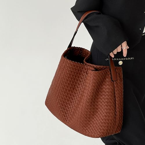 JINMANXUE Women Boston Bag, Woven Hobo Tote Handbag and Purses, Female Satchel Messenger Bags, Fashion Shoulder Crossbody Bag - color: Amber Brown