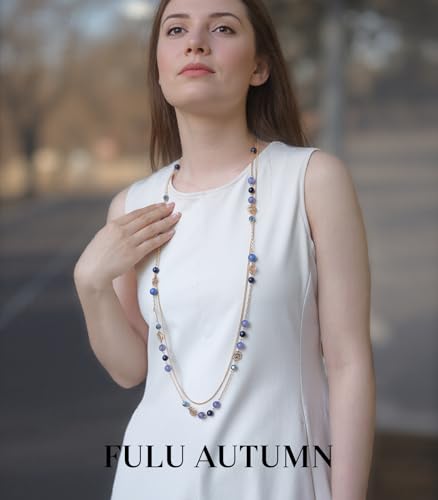 FULU AUTUMN Boho Gold Long Necklaces for Women Natural Stone Beaded Layered Long Necklace Mothers Day Gifts Dainty Flower Costume Jewelry for Women - color: Dark Blue