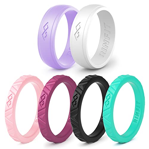 Rinfit Silicone Wedding Ring Sets - Soft, Stackable & Thin Silicone Rings for Her - Womens Rubber Wedding Rings - color: SetJ - Black, Burgundy, White, Lilac, Pink, Aquamarine, size: 7