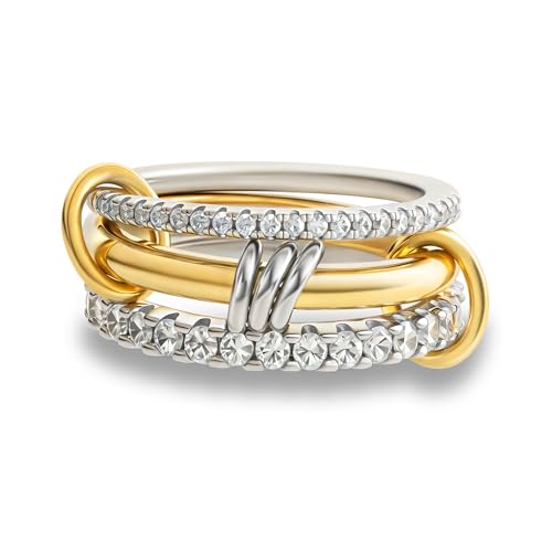 Gold Stackable Rings for Women Non Tarnish, 18k Gold Plated Cubic Zirconia Rings, Silver Gold Multi Ring Mixed Metals Stack Rings Set - color: 2 stones rings, size: 8