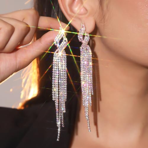 Rhinestone Tassel Earrings Sparkly Long Fringe Crystal Chandelier Dangle Drop Earrings Wedding Party Prom Earrings Premium Iridescent Earrings Wedding Party Jewelry Gifts for Women - color: Silver3