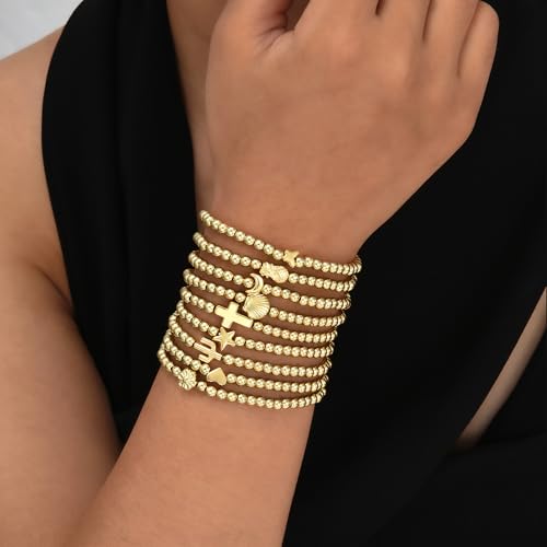 ÌF ME 16 PCS Gold Bead Bracelet for Women, Gold Beaded Stretch Plated Stackable Strand Bead Ball Bracelets stack Adjustable Jewelry Set for Gifts - color: 9 PCS Gold