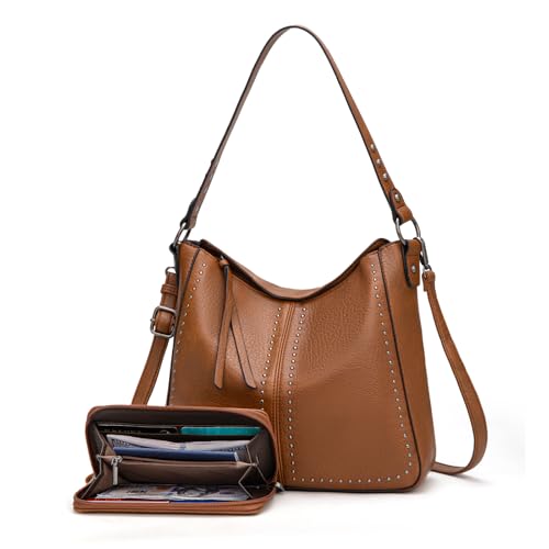 Montana West Hobo Bag for Women Crossbody Purse and Handbags Ladies Chic Shoulder Bags - color: Brown-2pcs Set