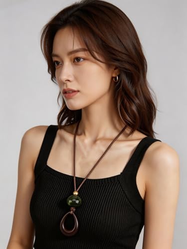 Kelake Leather Necklace for Women Men Teen Vinatge Boho Alloy Pendant Choker Jewelry Fashion Sweater Necklaces with Adjustable Genuine Leather Chain - color: Jade Bead Teardrop Wood Pendant
