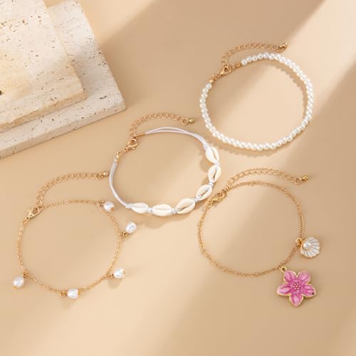 Fashion Layered Flower Charm Anklet for Women Golden Cuban Link Chain Tassel Waterproof Ankle Bracelet Adjustable Beach Vacation Foot Jewelry Summer Accessories - color: Pearl white