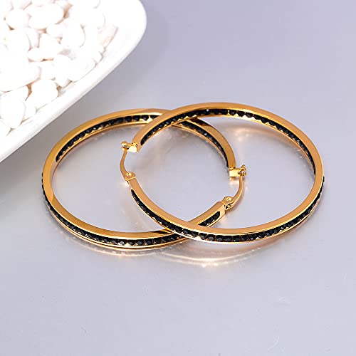 CiNily Mult-colors Crystal Stainless Steel Hoop Earring for Women Hypoallergenic Jewelry for Sensitive Ears Large Big Hoop Earrings 2" - color: Gold+Black