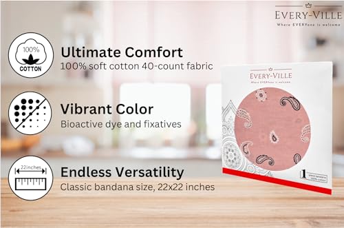 Gift Packaging Bandana for Men Women - 100% Cotton, Paisley, 22x22 In, 1 Pack - Large Bandanna Handkerchief Cowboy Hanky - color: Light Pink