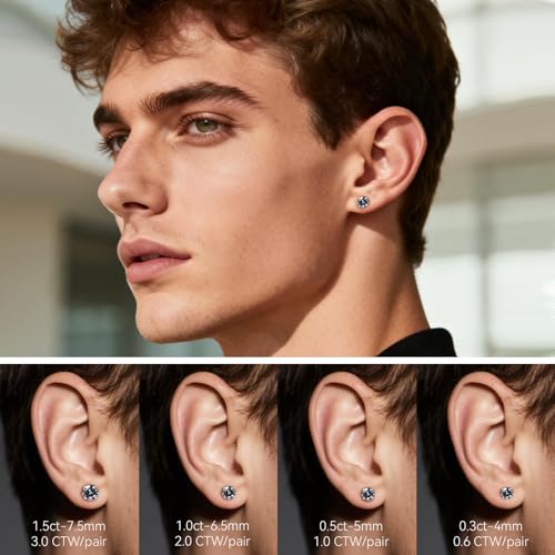 Moissanite Stud Earrings, G23 Hypoallergenic Titanium Stud Earrings for Women Men, Round Cut D Color VVS1 Clarity 18K White Gold Palted Multicolor Moissanite Jewelry, 0.6CT-3.0CT - color: Grey, size: (0.3ct*2)-4mm-0.6 Carat