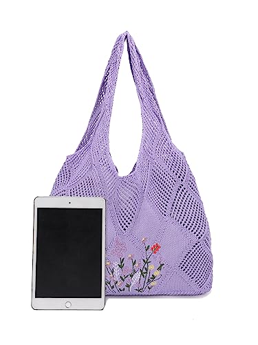 Crochet Mesh Beach Tote Shoulder Handbags Hobo Summer Aesthetic Women's Bag - color: Embroider-purple