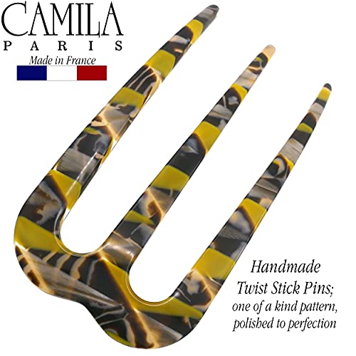 Camila Paris CP3167 French Twist Stick Clip Pins, Mustard, Wavy Hair Pin 3-Prong Hair Fork for Girls Spiral Updo Chignon Bun Holder, Flexible Styling Hair Accessories for Women, Handmade in France - color: 3-Prong Mustard