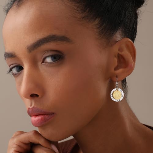 LeCalla 925 Sterling Silver Drop & Dangle Earrings for Women | Handmade Hammered Textured Drop Dangle Earring Jewelry | Women's Hammered Earrings Jewelry for Gift Mom Wife - color: Two-Tone Disc