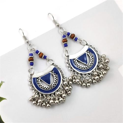 Vintage Boho Statement Drop Dangle Earrings for Women Bohemian Ethnic Handmade Beaded Charms Earring Bohemian Retro Chandelier Tassel Earrings Mexico Gypsy Jewelry Gift - color: Silver Blue Triangle