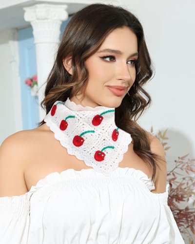 AWAYTR Crochet Head Scarf Hair Bandanas Women Knit Bandana Headband Scarf Tie-Back Head Coverings Floral Headscarf - color: Black Cherry + White Cherry + White Strawberry