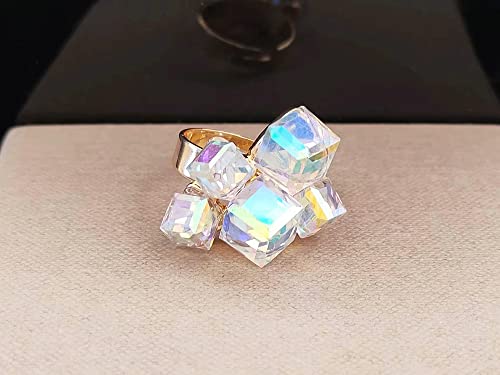 Hebelee Boho Square Crystal Statement Ring for Women Gold-Toned Adjustable Expandable Promise Engagement Geometric Rings Comfort Fit Elegant Art Deco Birthday Christmas Cocktail Party Y2K Jewelry - color: AB Crystal