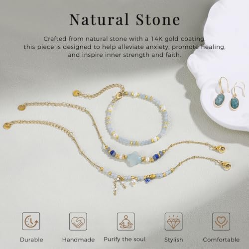 Beaded Bracelets Set for Women Stackable Healing Layered Bracelets Stack 3PCS Aquamarine Gemstone Crystal Dainty Boho Summer Jewelry for Women Natural Stone 14k Gold Plated - color: Aquamarine