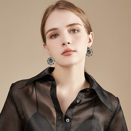Handmade Bohemian Vintage Gold Sparkly Crystal Round Flower Leverback Earrings Cute Rhinestone Geometry Dangle Drop Earring for Women - color: Grey